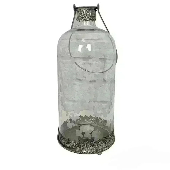 Large 14" Jug  Etched Crystal Tea Votive Candle Holder Silver Metal Handle - Picture 2 of 15